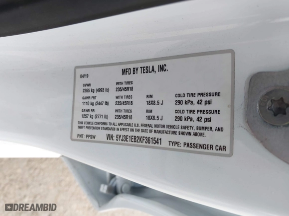 2019 Tesla Model 3 Long Range with VIN 5YJ3E1EB2KF361541, listed as a IAAI auction lot 41859373 with 54,664 mi miles. Bid and sale history available at carsss.com. Image 9.