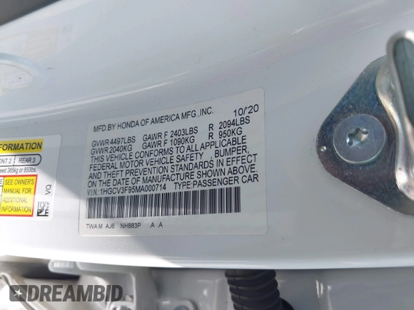 2021 Honda Accord Touring with VIN 1HGCV3F95MA000714, listed as a IAAI auction lot 42350127 with 69,731 mi miles and . Bid and sale history available at DreamBid. Image 9.