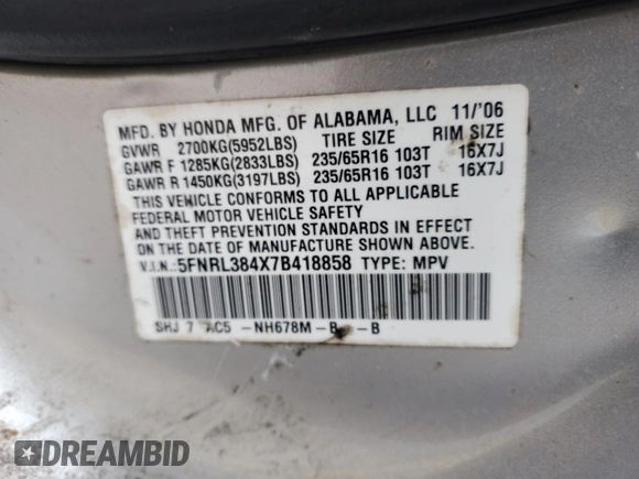 2007 Honda Odyssey EX with VIN 5FNRL384X7B418858, listed as a Copart auction lot 50293305 with 207,829 mi miles and Non Repairable. Bid and sale history available at carsss.com. Image 13.