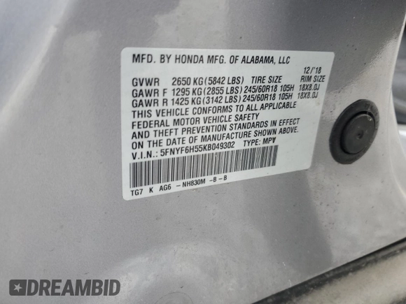 2019 Honda Pilot EX-L with VIN 5FNYF6H55KB049302, listed as a Copart auction lot 56632135 with Not provided miles and Salvage title. Bid and sale history available at DreamBid. Image 13.