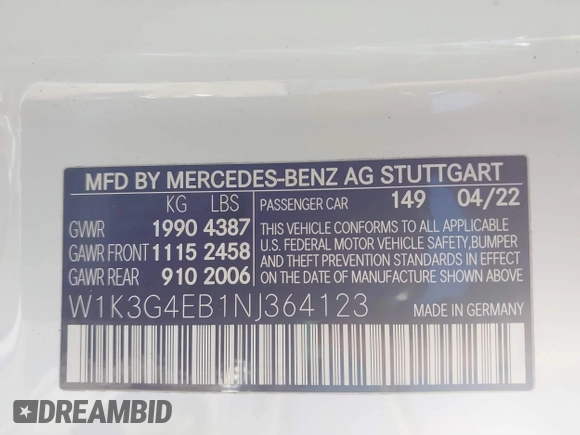 2022 Mercedes-Benz A 220 with VIN W1K3G4EB1NJ364123, listed as a IAAI auction lot 41593062 with 26,746 mi miles and . Bid and sale history available at DreamBid. Image 9.