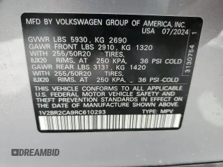 2024 Volkswagen Atlas SEL with VIN 1V2BR2CA9RC610293, listed as a Copart auction lot 50202415 with 4,378 mi miles and Salvage title. Bid and sale history available at DreamBid. Image 14.
