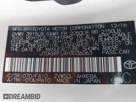 2017 Toyota Prius Two with VIN JTDKBRFUXH3036063, listed as a IAAI auction lot 42036676 with 202,873 mi miles. Bid and sale history available at carsss.com. Image 9.