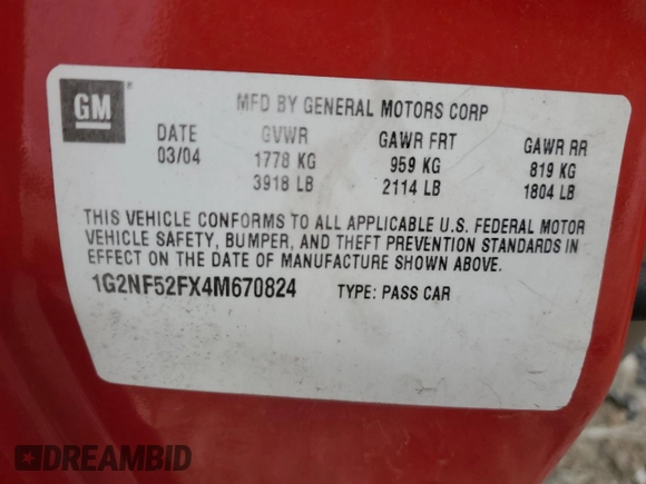 2004 Pontiac Grand Am SE1 with VIN 1G2NF52FX4M670824, listed as a Copart auction lot 48762285 with 0 mi miles and Clean Title. Bid and sale history available at carsss.com. Image 12.