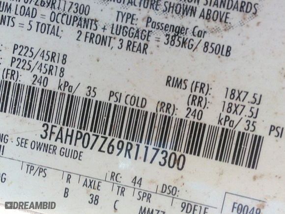 2009 Ford Fusion SE with VIN 3FAHP07Z69R117300, listed as a IAAI auction lot 41891211 with 144,627 mi miles. Bid and sale history available at carsss.com. Image 9.