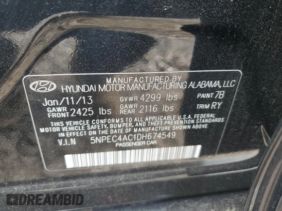 2013 Hyundai Sonata Limited with VIN 5NPEC4AC1DH674549, listed as a Copart auction lot 53017565 with 128,978 mi miles and Salvage Title. Bid and sale history available at carsss.com. Image 14.