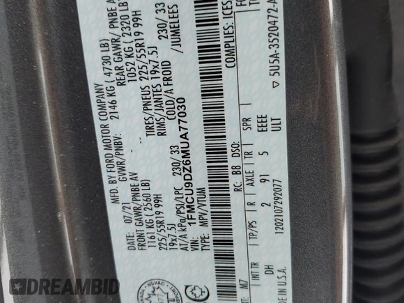 2021 Ford Escape Titanium Hybrid с VIN 1FMCU9DZ6MUA77030, выставлен на аукционе Copart как лот 41830245 с пробегом 83 474 миль миль и Списание • Salvage title. История ставок и продаж доступна на DreamBid. Изображение 13.