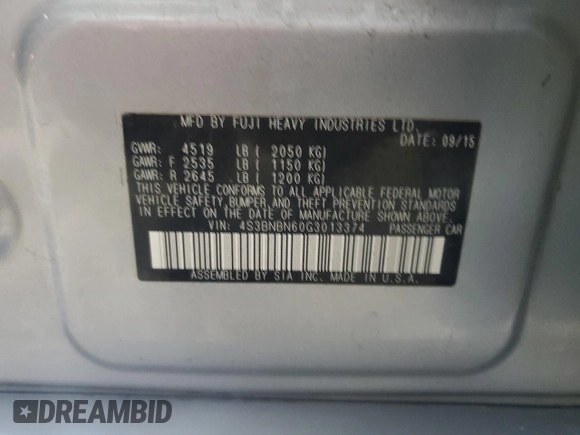 2016 Subaru Legacy 2.5i Limited with VIN 4S3BNBN60G3013374, listed as a Copart auction lot 50621154 with 84,590 mi miles. Bid and sale history available at carsss.com. Image 12.