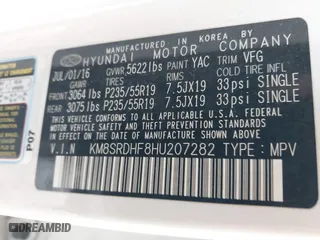 2017 Hyundai Santa Fe Limited Ultimate with VIN KM8SRDHF8HU207282, listed as a IAAI auction lot 41555970 with 120,456 mi miles. Bid and sale history available at carsss.com. Image 9.