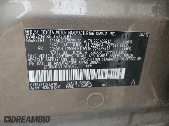 2012 Toyota RAV4 Limited с VIN 2T3DK4DVXCW080755, выставлен на аукционе Copart как лот 61860905 с пробегом 106 151 миль миль и Списание • Salvage title. История ставок и продаж доступна на DreamBid. Изображение 13.