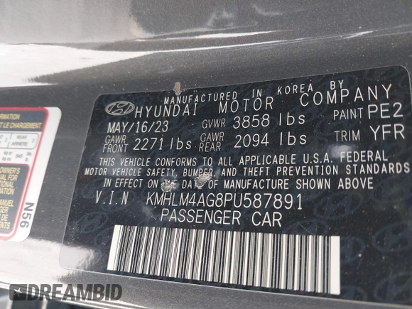 2023 Hyundai Elantra SEL with VIN KMHLM4AG8PU587891, listed as a IAAI auction lot 41825381 with Not provided miles and . Bid and sale history available at DreamBid. Image 9.