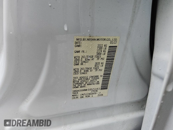 2022 Nissan Titan SV with VIN 1N6AA1ED8NN102141, listed as a Copart auction lot 56734745 with 44,379 mi miles and Clean title. Bid and sale history available at DreamBid. Image 12.