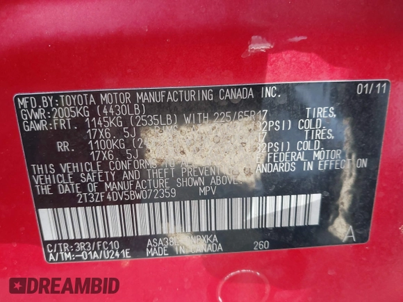 2011 Toyota RAV4 with VIN 2T3ZF4DV5BW072359, listed as a IAAI auction lot 42078167 with Not Provided miles and . Bid and sale history available at DreamBid. Image 9.