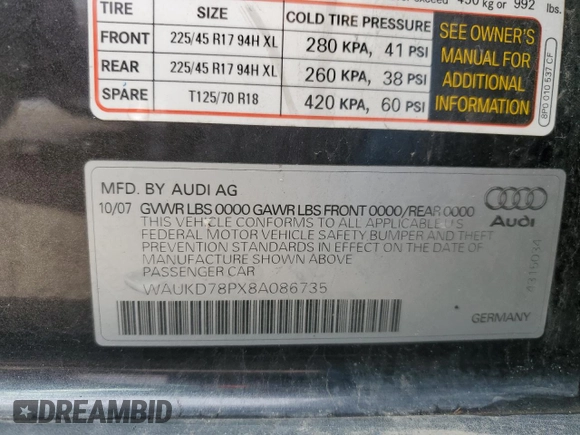 2008 Audi A3 S-Line with VIN WAUKD78PX8A086735, listed as a Copart auction lot 85099384 with 67,457 mi miles and Salvage Title. Bid and sale history available at carsss.com. Image 12.