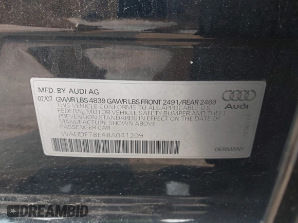 2008 Audi A4 2.0T with VIN WAUDF78E48A041209, listed as a IAAI auction lot 42401299 with 161,370 mi miles and . Bid and sale history available at DreamBid. Image 9.