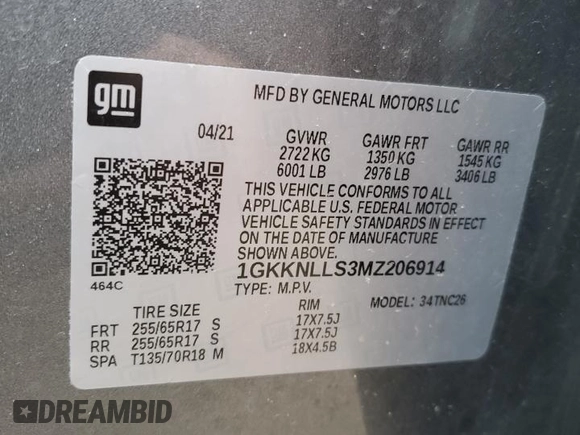 2021 GMC Acadia AT4 with VIN 1GKKNLLS3MZ206914, listed as a Copart auction lot 57458245 with 71,480 mi miles and Salvage title. Bid and sale history available at DreamBid. Image 13.
