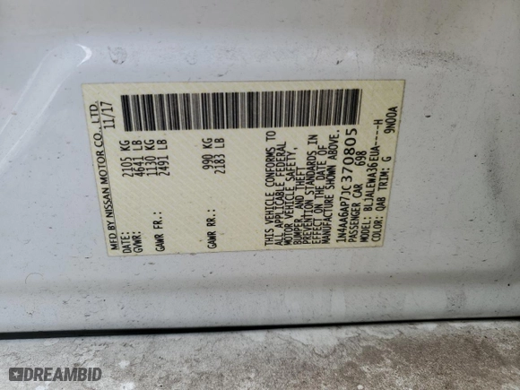 2018 Nissan Maxima SL with VIN 1N4AA6AP7JC370805, listed as a Copart auction lot 85466944 with 0 mi miles and Non Repairable. Bid and sale history available at carsss.com. Image 12.