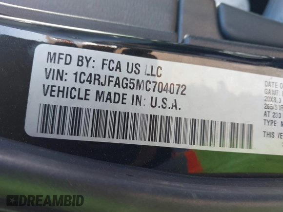 2021 Jeep Grand Cherokee Freedom with VIN 1C4RJFAG5MC704072, listed as a IAAI auction lot 41928963 with 65,073 mi miles and . Bid and sale history available at DreamBid. Image 9.