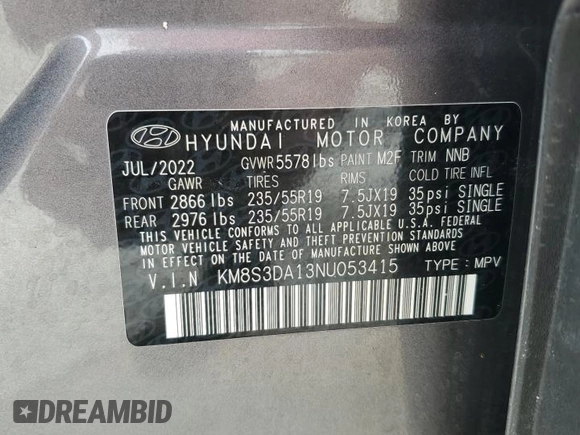 2022 Hyundai Santa Fe Hybrid SEL Premium with VIN KM8S3DA13NU053415, listed as a Copart auction lot 74149704 with 0 mi miles and Non Repairable. Bid and sale history available at carsss.com. Image 14.