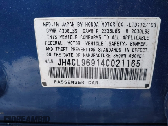 2004 Acura TSX w/Navigation with VIN JH4CL96914C021165, listed as a IAAI auction lot 41767323 with 144,071 mi miles. Bid and sale history available at carsss.com. Image 9.