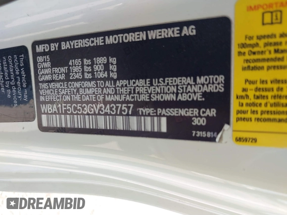 2016 BMW 2 Series 228i with VIN WBA1F5C53GV343757, listed as a IAAI auction lot 39804829 with 100,965 mi miles and . Bid and sale history available at DreamBid. Image 9.
