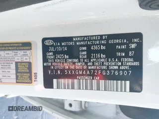 2015 Kia Optima LX with VIN 5XXGM4A72FG376907, listed as a IAAI auction lot 41823625 with 156,281 mi miles. Bid and sale history available at carsss.com. Image 9.