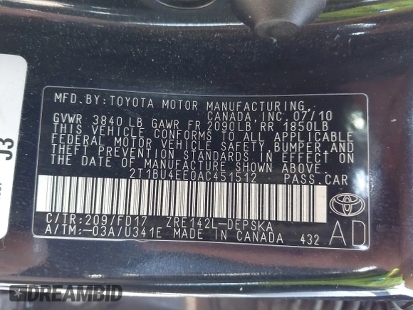 2010 Toyota Corolla with VIN 2T1BU4EE0AC451512, listed as a IAAI auction lot 42099952 with 137,483 mi miles. Bid and sale history available at carsss.com. Image 9.