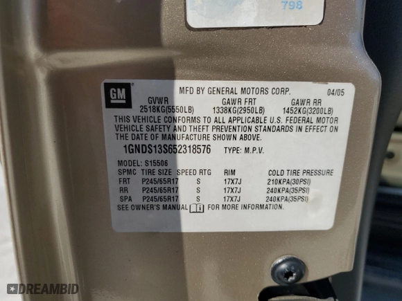 2005 Chevrolet TrailBlazer LS with VIN 1GNDS13S652318576, listed as a Copart auction lot 45688155 with NaN miles and Salvage Title. Bid and sale history available at carsss.com. Image 13.