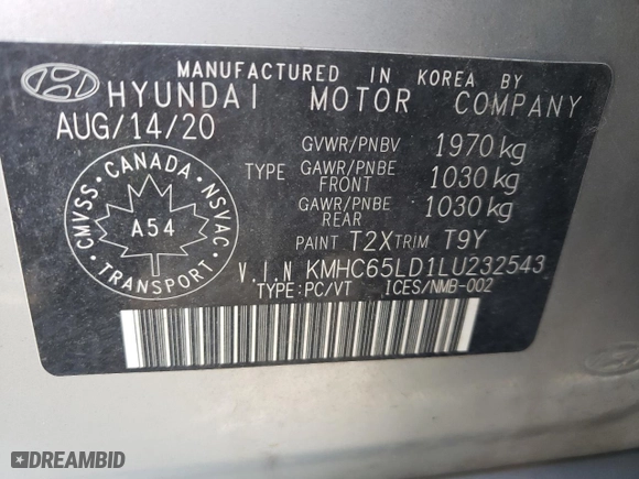 2020 Hyundai Ioniq Plug-In Hybrid SE with VIN KMHC65LD1LU232543, listed as a Copart auction lot 70023514 with NaN miles and Non Repairable. Bid and sale history available at carsss.com. Image 13.
