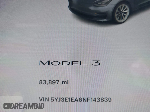 2022 Tesla Model 3 with VIN 5YJ3E1EA6NF143839, listed as a IAAI auction lot 40905007 with 83,897 mi miles and . Bid and sale history available at DreamBid. Image 14.