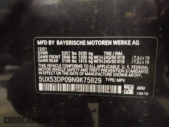 2022 BMW X3 xDrive30i with VIN 5UX53DP09N9K75829, listed as a IAAI auction lot 41646561 with Not Provided miles and . Bid and sale history available at DreamBid. Image 9.