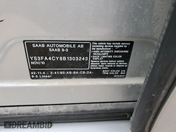 2011 Saab 9-3 z VIN YS3FA4CY8B1303243, wystawiony jako Copart lot #77708614 z przebiegiem 183 633 mil mil oraz Szkoda całkowita • Salvage title. Historia ofert i sprzedaży dostępna na DreamBid. Obrazek 12.