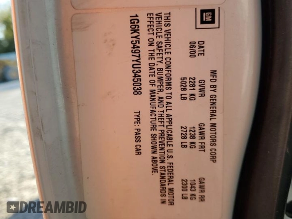 2000 Cadillac Seville Touring STS z VIN 1G6KY5497YU345038, wystawiony jako Copart lot #74315354 z przebiegiem 96 704 mil mil oraz Nie do naprawy • Non repairable. Historia ofert i sprzedaży dostępna na DreamBid. Obrazek 12.