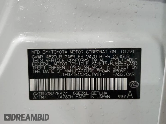 2021 Lexus IS 350 F Sport with VIN JTHGZ1E25M5019817, listed as a Copart auction lot 50634865 with 38,414 mi miles and Salvage Title. Bid and sale history available at DreamBid. Image 14.