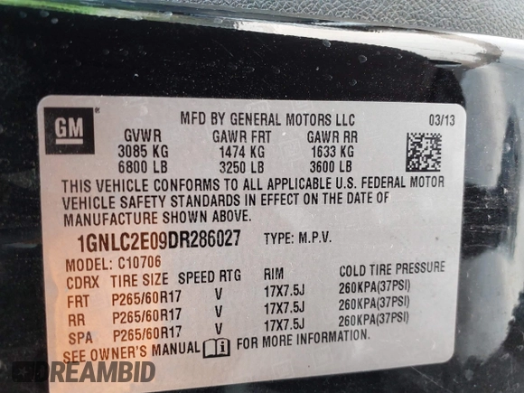 2013 Chevrolet Tahoe Commercial with VIN 1GNLC2E09DR286027, listed as a IAAI auction lot 42229760 with 203,474 mi miles and . Bid and sale history available at DreamBid. Image 9.