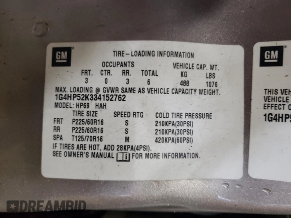 2003 Buick LeSabre Custom with VIN 1G4HP52K334152762, listed as a Copart auction lot 52005835 with 179,124 mi miles and Salvage Title. Bid and sale history available at carsss.com. Image 12.