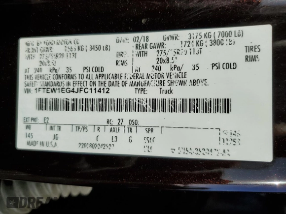 2018 Ford F-150 XL with VIN 1FTEW1EG4JFC11412, listed as a Copart auction lot 42422455 with 87,778 mi miles and Salvage Title. Bid and sale history available at carsss.com. Image 12.