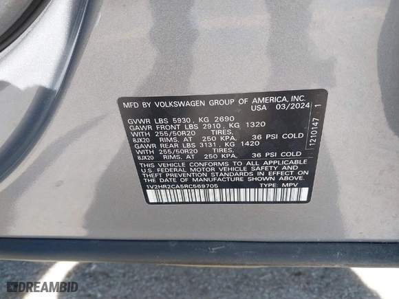 2024 Volkswagen Atlas 2.0T SE w/Technology with VIN 1V2HR2CA5RC569705, listed as a IAAI auction lot 41838594 with 27,519 mi miles. Bid and sale history available at carsss.com. Image 9.