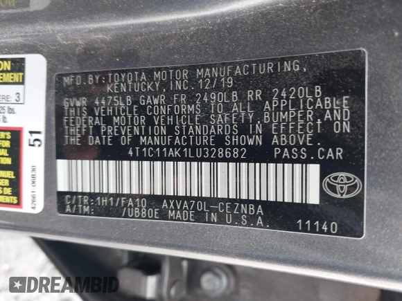 2020 Toyota Camry LE with VIN 4T1C11AK1LU328682, listed as a IAAI auction lot 41966816 with 172,334 mi miles and . Bid and sale history available at DreamBid. Image 9.