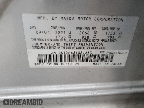2008 Mazda 3 i Sport with VIN JM1BK12F681821233, listed as a Copart auction lot 74400624 with 142,054 mi miles and Non Repairable. Bid and sale history available at DreamBid. Image 12.