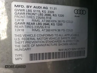 2022 Audi Q3 Premium with VIN WA1AUCF33N1052925, listed as a Copart auction lot 45545485 with 37,002 mi miles and Salvage Title. Bid and sale history available at carsss.com. Image 13.