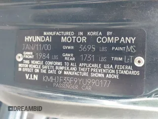 2000 Hyundai Elantra GLS with VIN KMHJF35F9YU990177, listed as a IAAI auction lot 41779807 with 175,114 mi miles and . Bid and sale history available at DreamBid. Image 9.