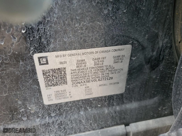 2020 Chevrolet Equinox LS with VIN 2GNAXSEV0L6272129, listed as a Copart auction lot 89221415 with 0 mi miles and Salvage Title. Bid and sale history available at carsss.com. Image 15.