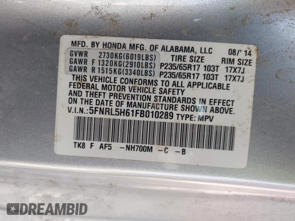 2015 Honda Odyssey EX-L with VIN 5FNRL5H61FB010289, listed as a IAAI auction lot 41887660 with 177,172 mi miles and . Bid and sale history available at carsss.com. Image 9.