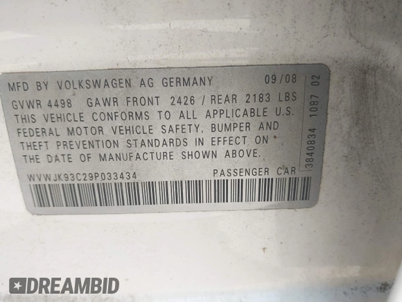 2009 Volkswagen Passat z VIN WVWJK93C29P033434, wystawiony jako IAAI lot #41698532 z przebiegiem 129 256 mil mil oraz . Historia ofert i sprzedaży dostępna na DreamBid. Obrazek 9.