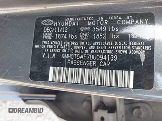 2013 Hyundai Accent GS with VIN KMHCT5AE7DU094139, listed as a IAAI auction lot 42312906 with 160,146 mi miles and . Bid and sale history available at DreamBid. Image 9.