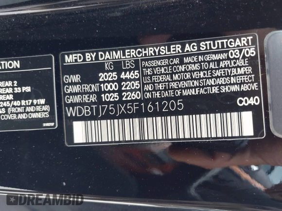 2005 Mercedes-Benz CLK 500 with VIN WDBTJ75JX5F161205, listed as a IAAI auction lot 42747715 with 150,139 mi miles and . Bid and sale history available at DreamBid. Image 9.