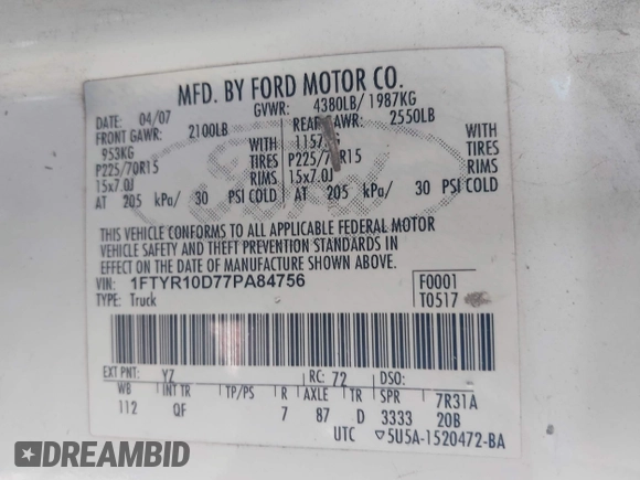 2007 Ford Ranger XL with VIN 1FTYR10D77PA84756, listed as a IAAI auction lot 42580710 with 180,367 mi miles and . Bid and sale history available at DreamBid. Image 9.