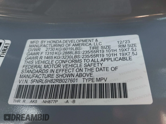 2024 Honda Odyssey Touring with VIN 5FNRL6H82RB027601, listed as a IAAI auction lot 41808680 with 25,911 mi miles and . Bid and sale history available at DreamBid. Image 9.