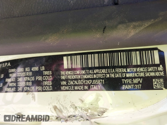 2019 Jeep Renegade Limited with VIN ZACNJBD12KPJ95871, listed as a IAAI auction lot 40629321 with Not provided miles and . Bid and sale history available at DreamBid. Image 9.